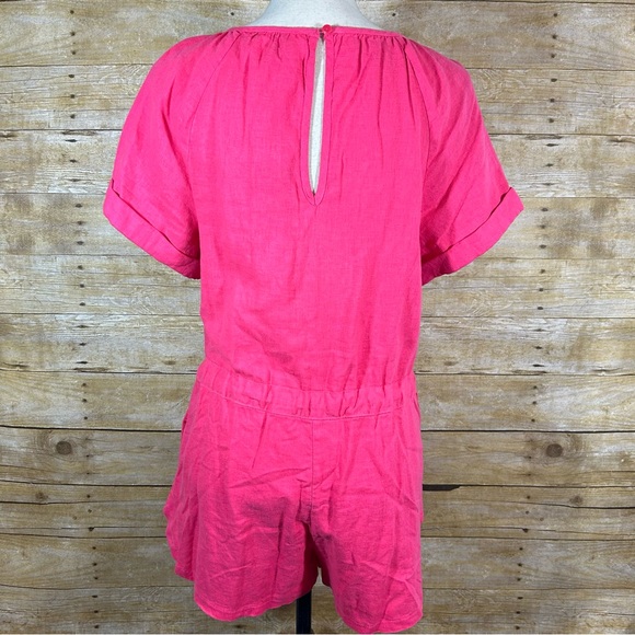 Universal Thread Hot Pink Linen Blend Shorts Romper XS Pockets V Neck Tie Waist - Picture 5 of 9